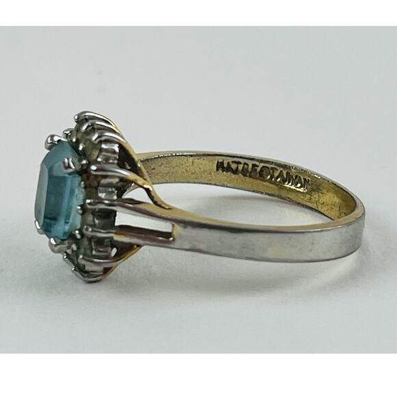 Vintage Ring 14K GE Gold Electroplate Taiwan Size 9 Aquamarine Blue Pale Rhinest - Picture 4 of 16